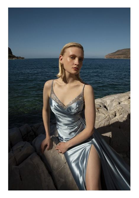 ABITO TESSUTO LAMINATO LUNGO CON SPACCO ALLURE | Abiti | A4229LIGHT BLUE